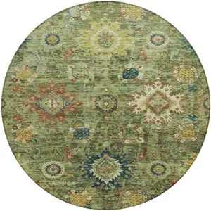 Photo of 8' Artichoke Green Rust And Gold Round Floral Medallion Washable Indoor Outdoor Area Rug