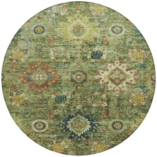 8' Artichoke Green Rust And Gold Round Floral Medallion Washable Indoor Outdoor Area Rug Photo 3