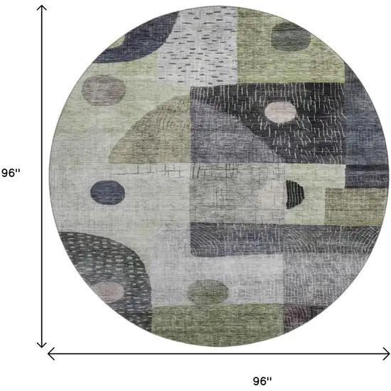 8' Artichoke Green Silver And Gray Geometric Washable Round Rug With UV Protection Photo 9