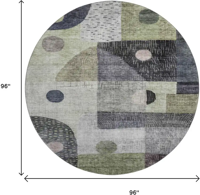 8' Artichoke Green Silver And Gray Geometric Washable Round Rug With UV Protection Photo 9
