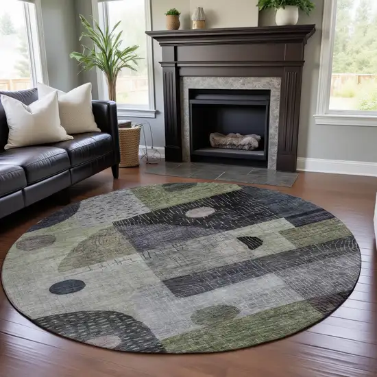 8' Artichoke Green Silver And Gray Geometric Washable Round Rug With UV Protection Photo 4