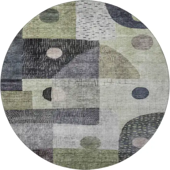 8' Artichoke Green Silver And Gray Geometric Washable Round Rug With UV Protection Photo 3