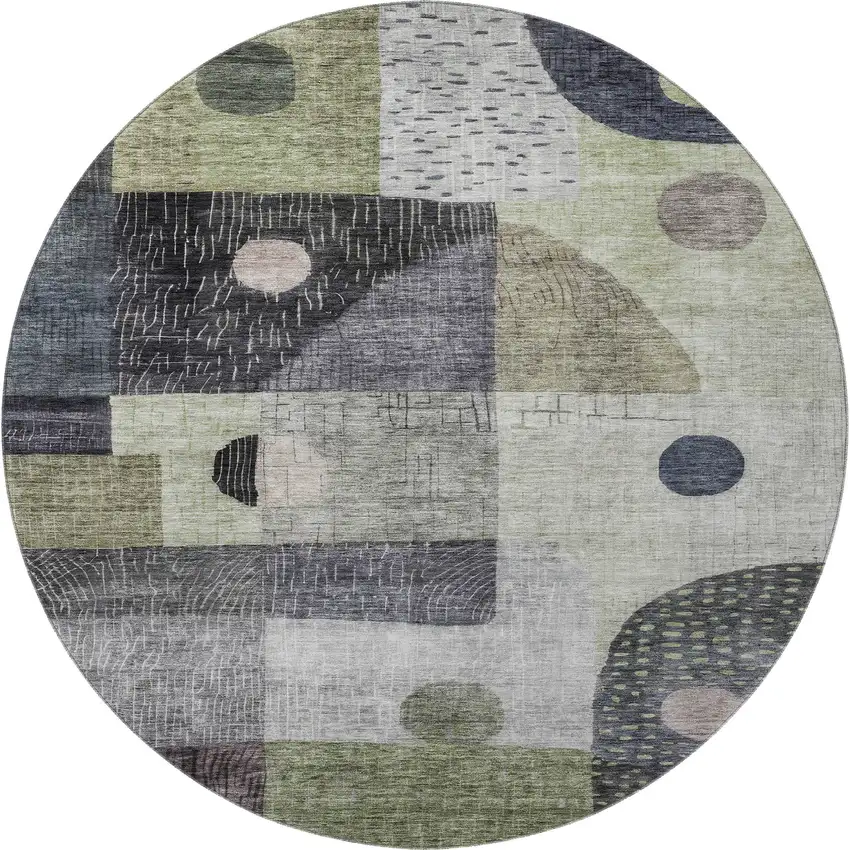 8' Artichoke Green Silver And Gray Geometric Washable Round Rug With UV Protection Photo 3