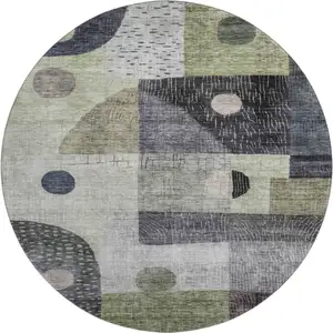 Photo of 8' Artichoke Green Silver And Gray Geometric Washable Round Rug With UV Protection