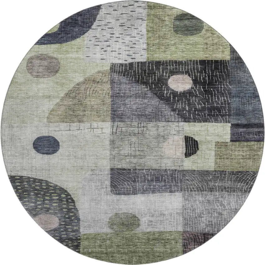 8' Artichoke Green Silver And Gray Geometric Washable Round Rug With UV Protection Photo 1