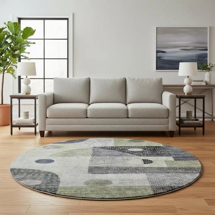 8' Artichoke Green Silver And Gray Geometric Washable Round Rug With UV Protection Photo 2