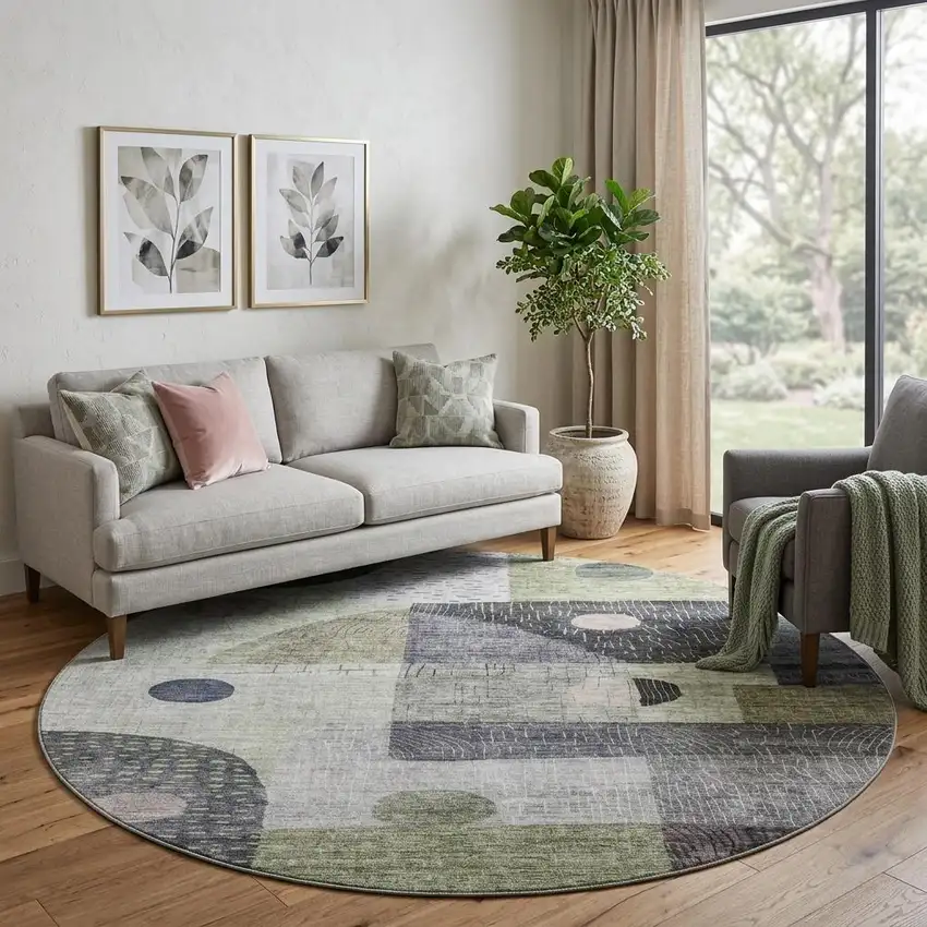 8' Artichoke Green Silver And Gray Geometric Washable Round Rug With UV Protection Photo 1