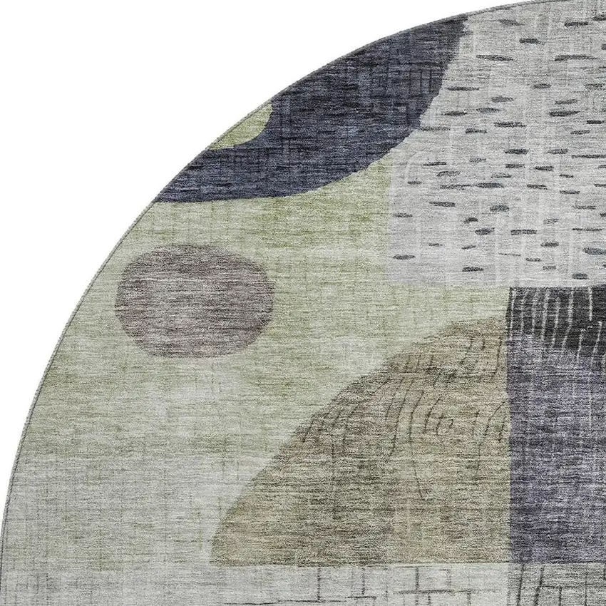8' Artichoke Green Silver And Gray Geometric Washable Round Rug With UV Protection Photo 2