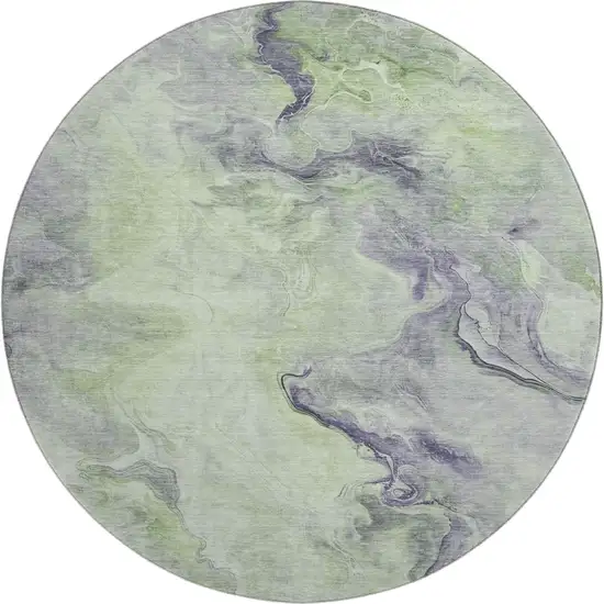 8' Artichoke Green Silver And Lavender Abstract Washable Round Rug With UV Protection Photo 1