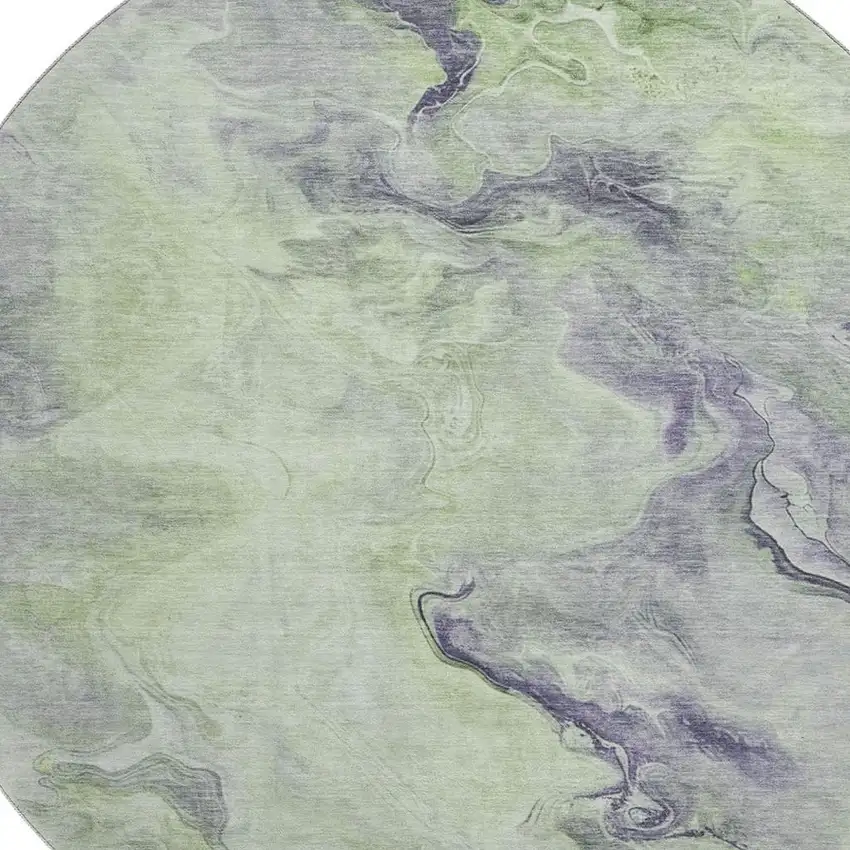 8' Artichoke Green Silver And Lavender Abstract Washable Round Rug With UV Protection Photo 2