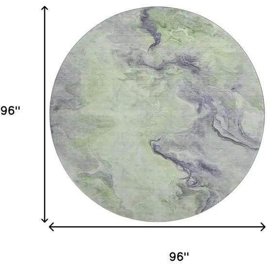 8' Artichoke Green Silver And Lavender Abstract Washable Round Rug With UV Protection Photo 9