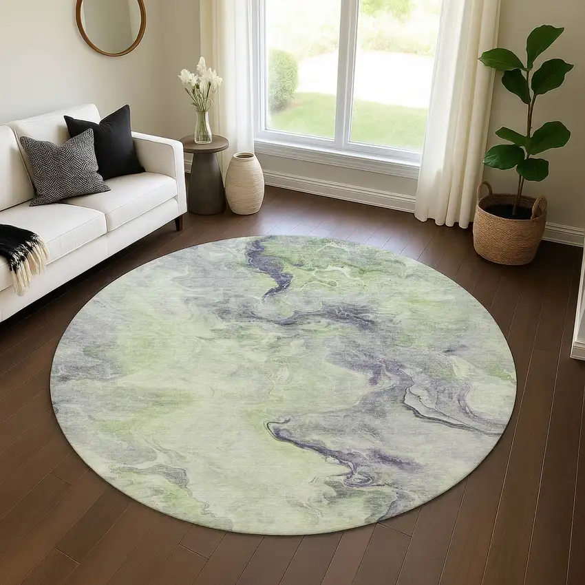 8' Artichoke Green Silver And Lavender Abstract Washable Round Rug With UV Protection Photo 4