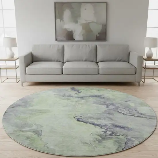8' Artichoke Green Silver And Lavender Abstract Washable Round Rug With UV Protection Photo 2