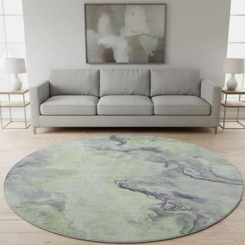 8' Artichoke Green Silver And Lavender Abstract Washable Round Rug With UV Protection Photo 2