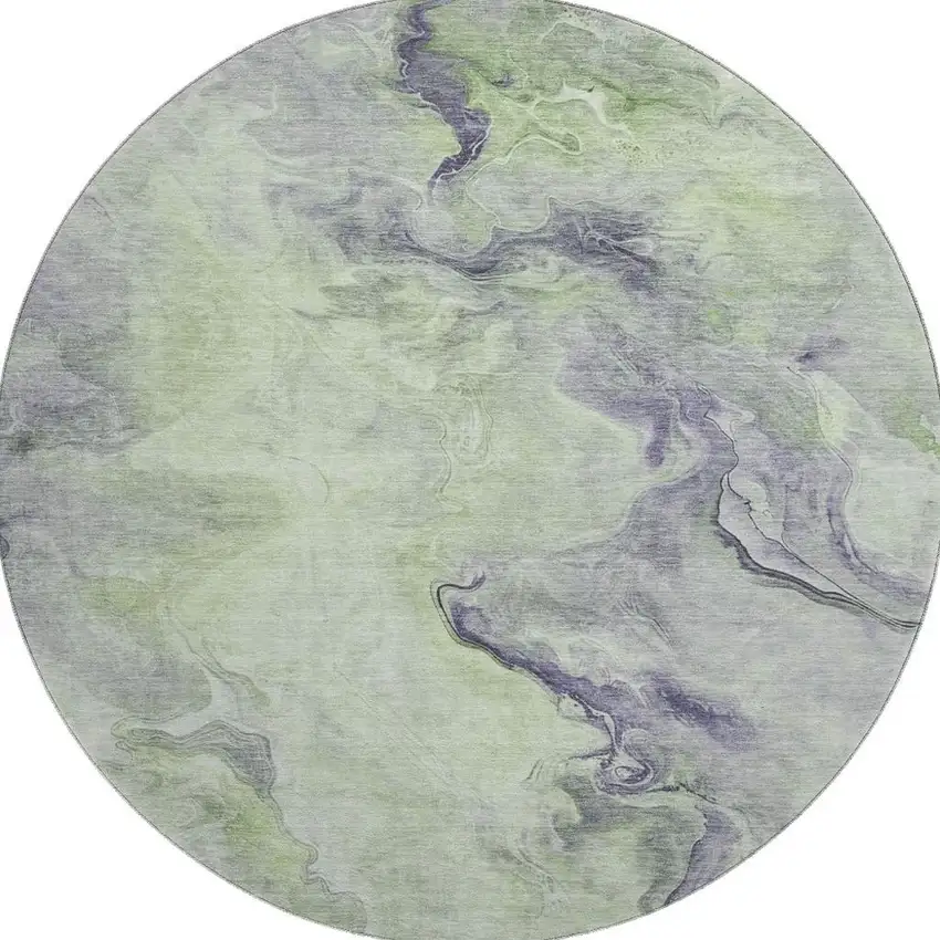 8' Artichoke Green Silver And Lavender Abstract Washable Round Rug With UV Protection Photo 3