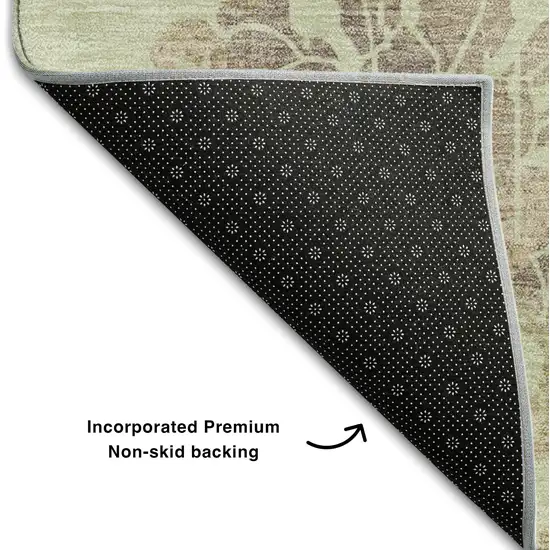 8' Artichoke Green Taupe And Beige Floral Washable Round Rug With UV Protection Photo 6