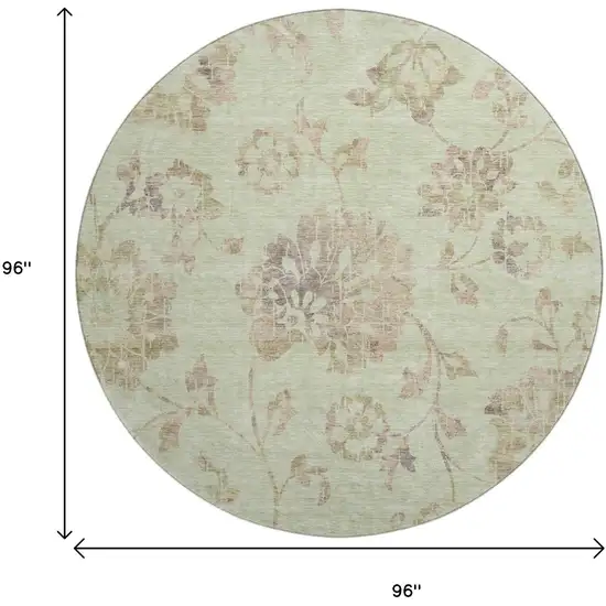 8' Artichoke Green Taupe And Beige Floral Washable Round Rug With UV Protection Photo 8