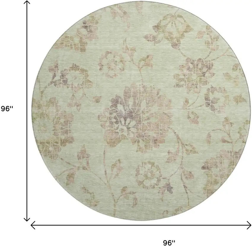 8' Artichoke Green Taupe And Beige Floral Washable Round Rug With UV Protection Photo 8