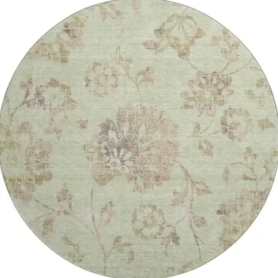 8' Artichoke Green Taupe And Beige Floral Washable Round Rug With UV Protection Photo 4