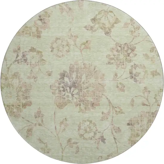 8' Artichoke Green Taupe And Beige Floral Washable Round Rug With UV Protection Photo 1