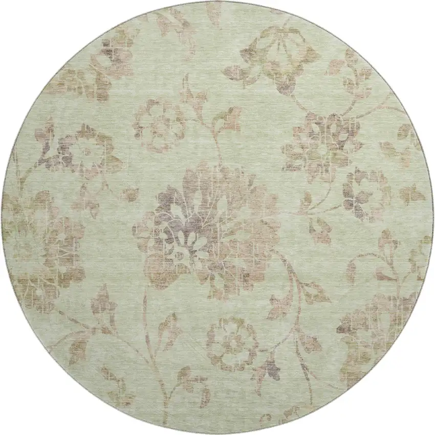 8' Artichoke Green Taupe And Beige Floral Washable Round Rug With UV Protection Photo 1