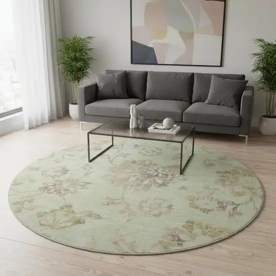 8' Artichoke Green Taupe And Beige Floral Washable Round Rug With UV Protection Photo 2