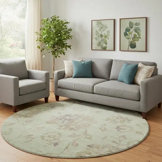 8' Artichoke Green Taupe And Beige Floral Washable Round Rug With UV Protection Photo 1