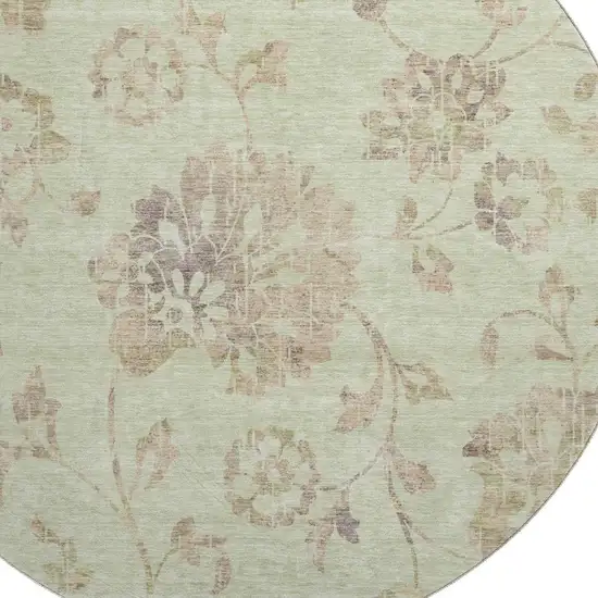 8' Artichoke Green Taupe And Beige Floral Washable Round Rug With UV Protection Photo 3