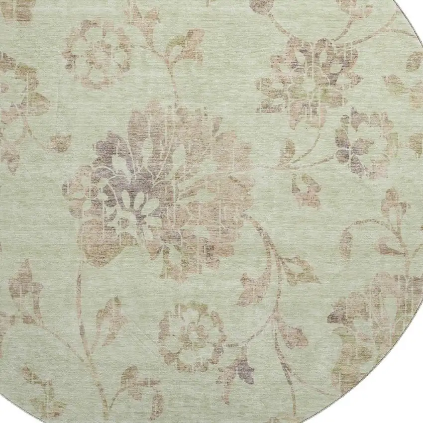 8' Artichoke Green Taupe And Beige Floral Washable Round Rug With UV Protection Photo 3