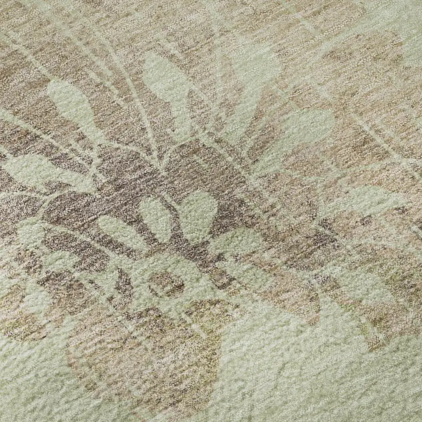 8' Artichoke Green Taupe And Beige Floral Washable Round Rug With UV Protection Photo 9