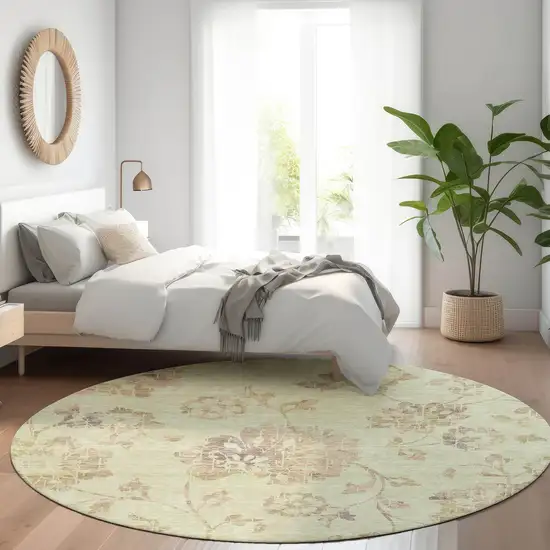 8' Artichoke Green Taupe And Beige Floral Washable Round Rug With UV Protection Photo 5