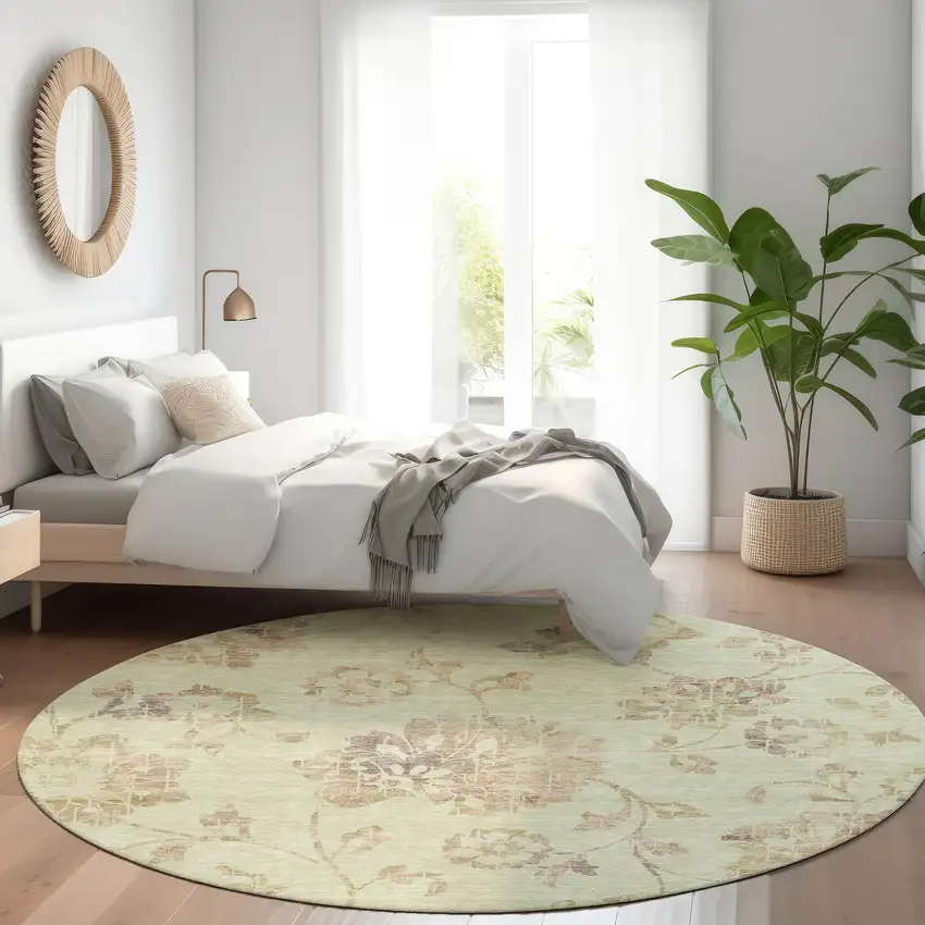 8' Artichoke Green Taupe And Beige Floral Washable Round Rug With UV Protection Photo 5