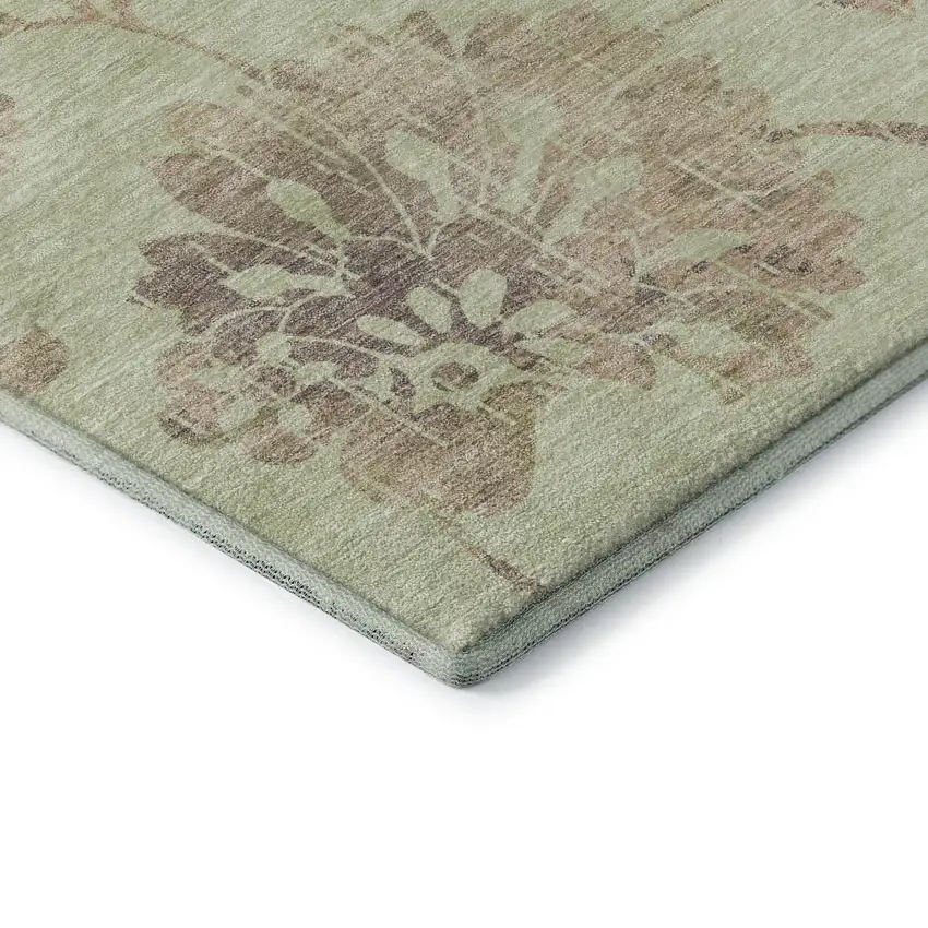 8' Artichoke Green Taupe And Beige Floral Washable Round Rug With UV Protection Photo 7