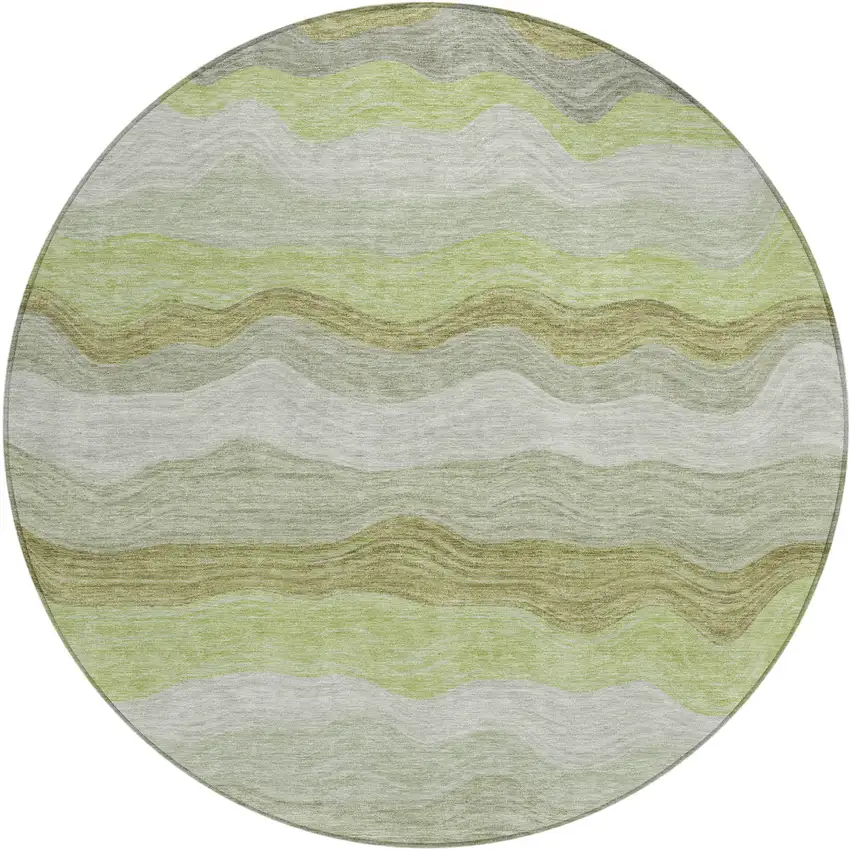 8' Artichoke Green Taupe And Beige Round Striped Washable Indoor Outdoor Area Rug Photo 1