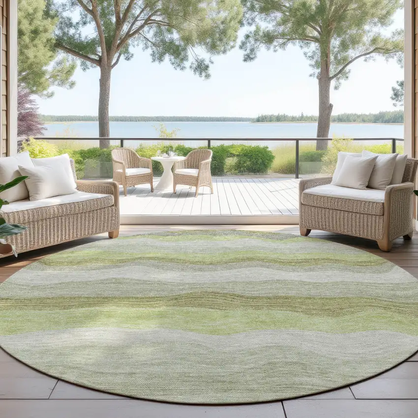 8' Artichoke Green Taupe And Beige Round Striped Washable Indoor Outdoor Area Rug Photo 4