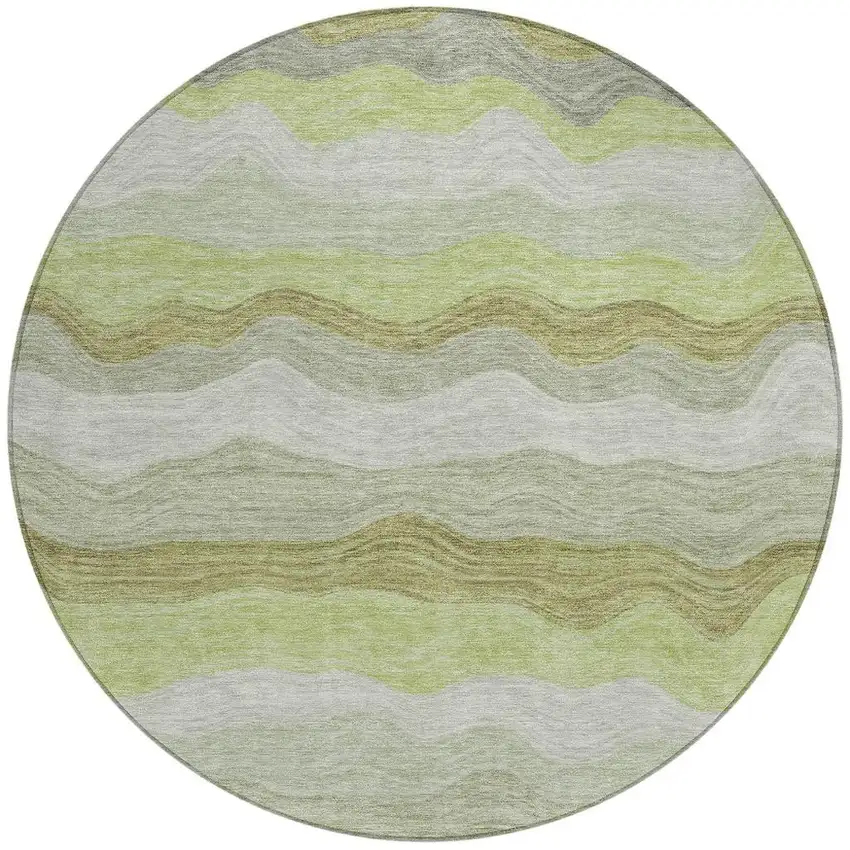 8' Artichoke Green Taupe And Beige Round Striped Washable Indoor Outdoor Area Rug Photo 3