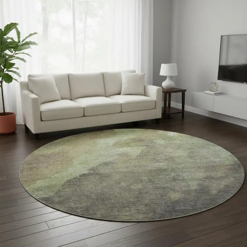 8' Artichoke Green Taupe And Brown Abstract Washable Round Rug With UV Protection Photo 2