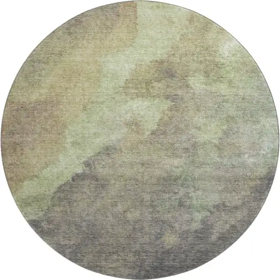 8' Artichoke Green Taupe And Brown Abstract Washable Round Rug With UV Protection Photo 1