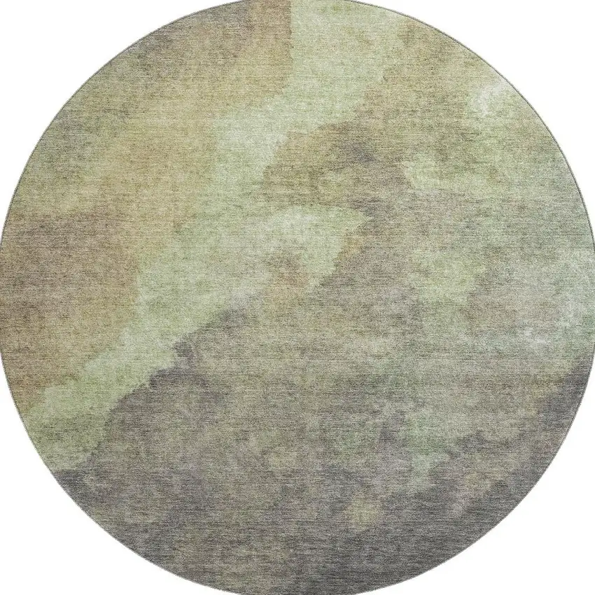 8' Artichoke Green Taupe And Brown Abstract Washable Round Rug With UV Protection Photo 3