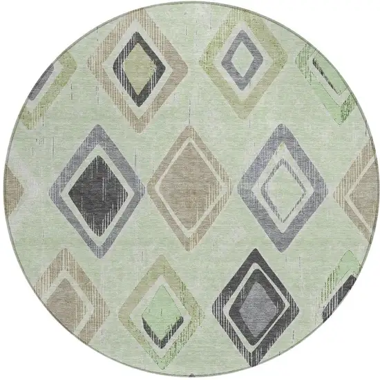 8' Artichoke Green Taupe And Gray Round Geometric Washable Indoor Outdoor Area Rug Photo 4