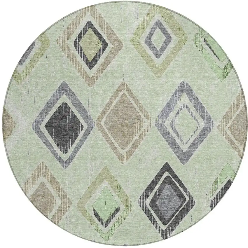 8' Artichoke Green Taupe And Gray Round Geometric Washable Indoor Outdoor Area Rug Photo 4