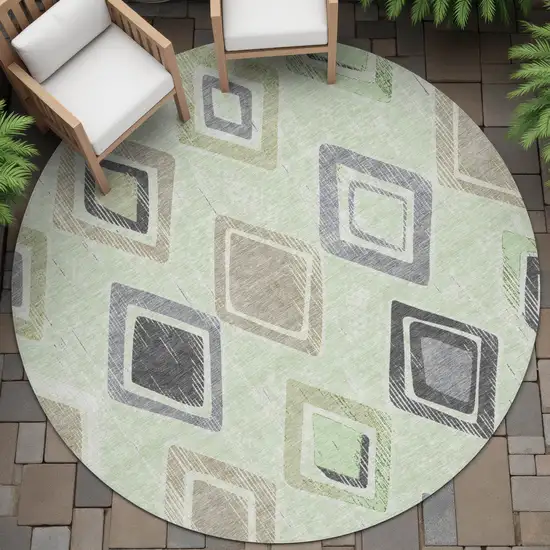 8' Artichoke Green Taupe And Gray Round Geometric Washable Indoor Outdoor Area Rug Photo 7