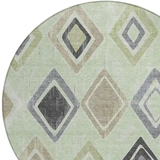 8' Artichoke Green Taupe And Gray Round Geometric Washable Indoor Outdoor Area Rug Photo 6