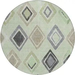 Photo of 8' Artichoke Green Taupe And Gray Round Geometric Washable Indoor Outdoor Area Rug