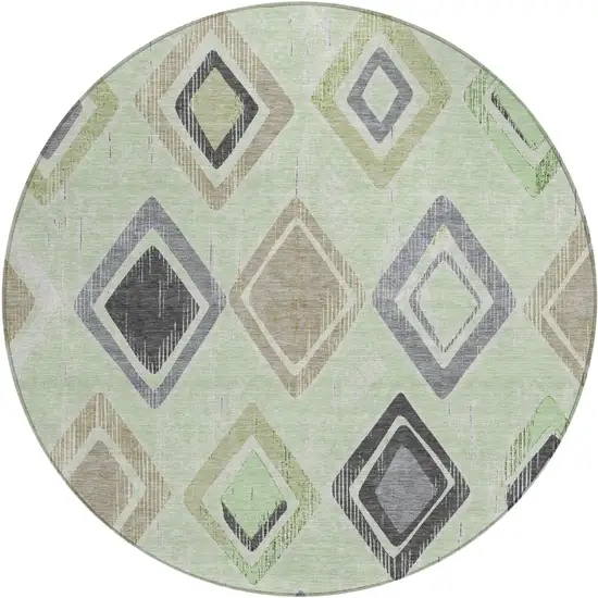 8' Artichoke Green Taupe And Gray Round Geometric Washable Indoor Outdoor Area Rug Photo 1