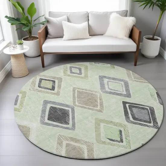 8' Artichoke Green Taupe And Gray Round Geometric Washable Indoor Outdoor Area Rug Photo 8