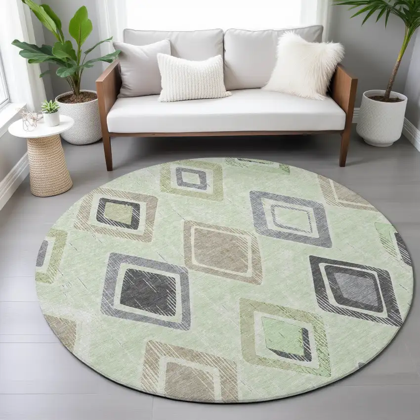 8' Artichoke Green Taupe And Gray Round Geometric Washable Indoor Outdoor Area Rug Photo 8