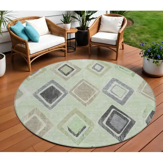 8' Artichoke Green Taupe And Gray Round Geometric Washable Indoor Outdoor Area Rug Photo 2