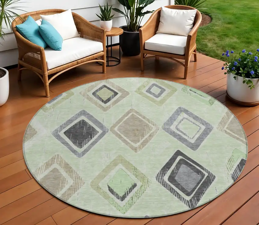 8' Artichoke Green Taupe And Gray Round Geometric Washable Indoor Outdoor Area Rug Photo 2