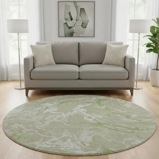 8' Artichoke Green Taupe And Ivory Abstract Washable Round Rug With UV Protection Photo 2